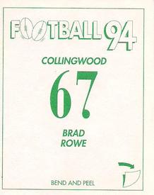 1994 Select AFL Stickers #67 Brad Rowe Back